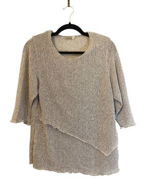 Hania Asymmetrical Marled Knit Top Grey 3/4 Sleeves Size L [jb]